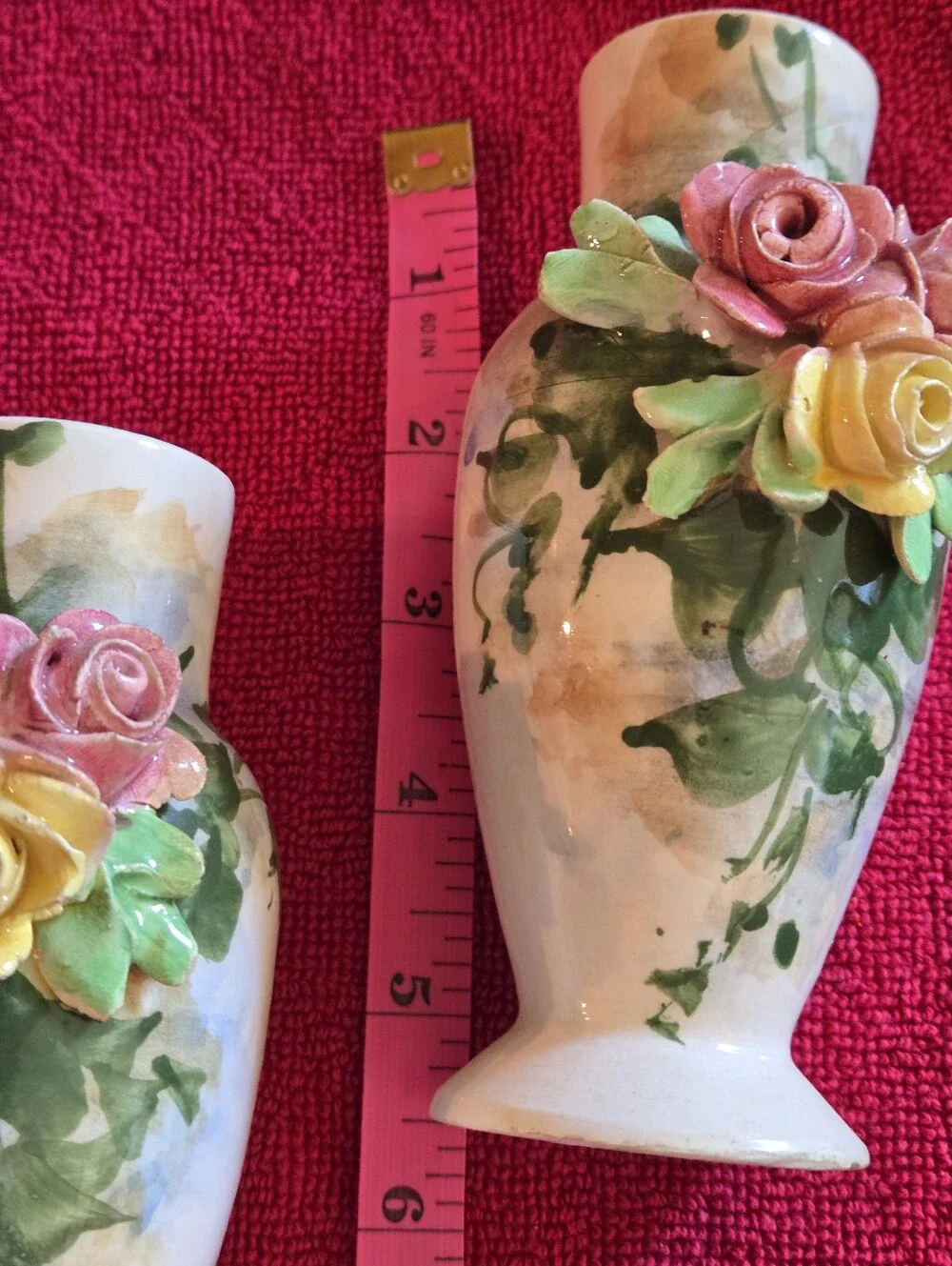 VTG ITALIAN HAND PAINTED PORCELAIN Rose BUD VASES x 2 MANTEL OR DRESSING TABLE